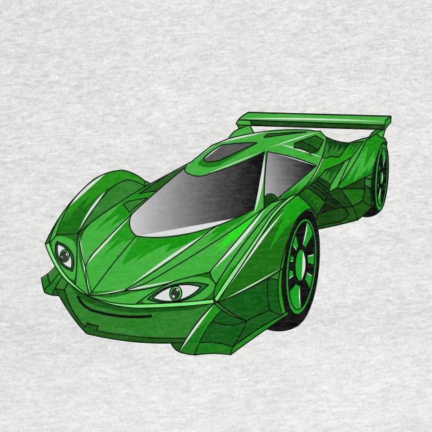 Green sports car with airfoil illustration by Miss Cartoon